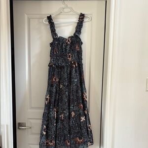 Ulla Johnson Navy Floral Midi Dress with Pink and Brown Accents